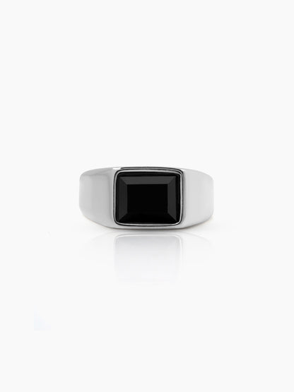 Daro Black Rectangular Stone Silver Signet Band Men's Ring