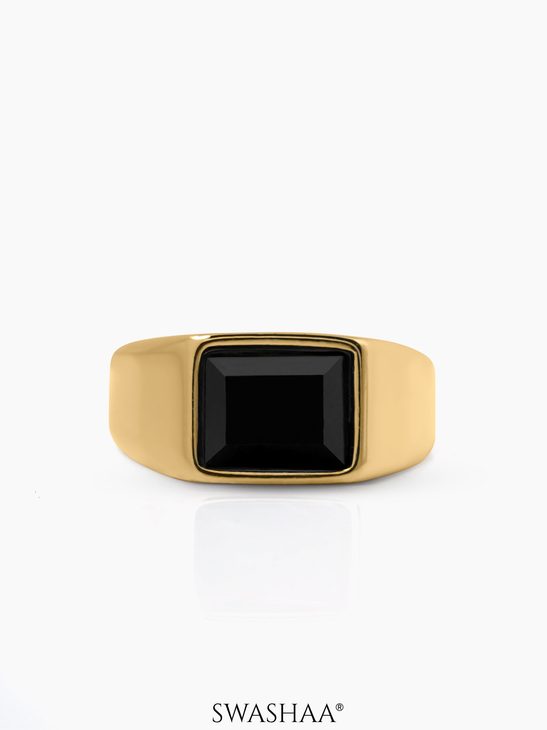Daro Black Rectangular Stone 18K Gold Plated Signet Band Men's Ring