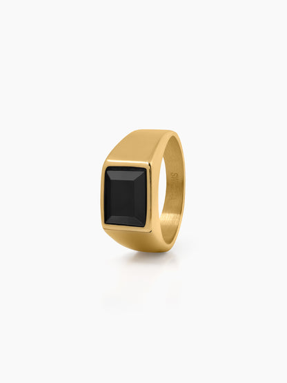 Daro Black Rectangular Stone 18K Gold Plated Signet Band Men's Ring