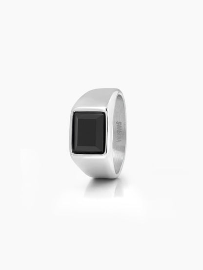 Daro Black Rectangular Stone Silver Signet Band Men's Ring