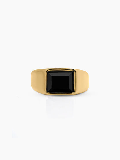 Daro Black Rectangular Stone 18K Gold Plated Signet Band Men's Ring