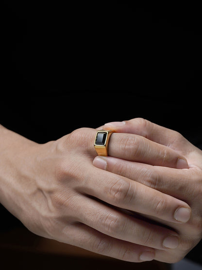 Daro Black Rectangular Stone 18K Gold Plated Signet Band Men's Ring