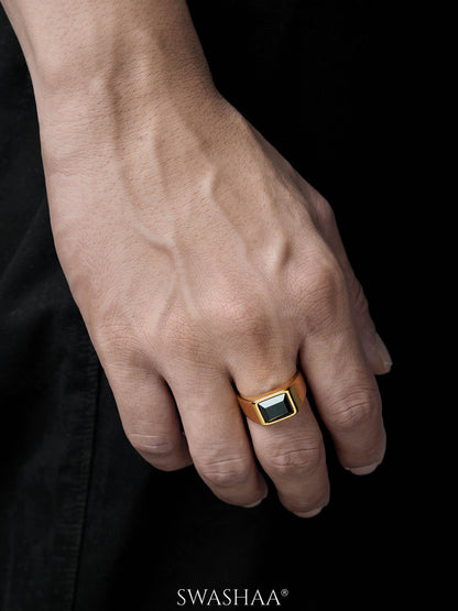 Daro Black Rectangular Stone 18K Gold Plated Signet Band Men's Ring