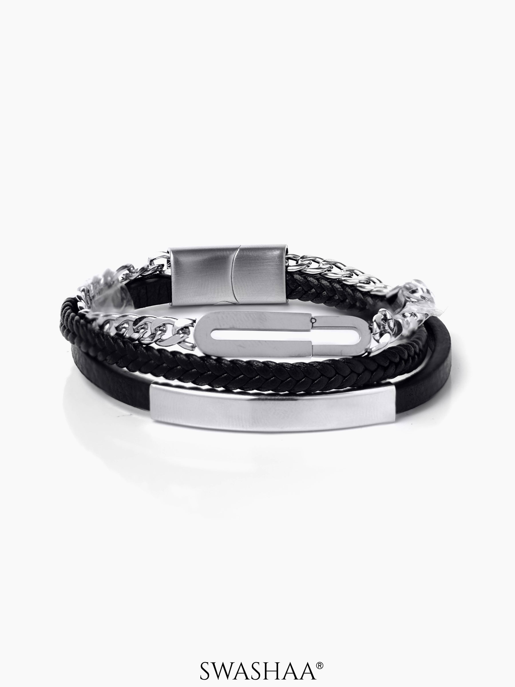 David Braided Black Bands Chunky Silver Chain Links Layered Men's Leather Bracelet