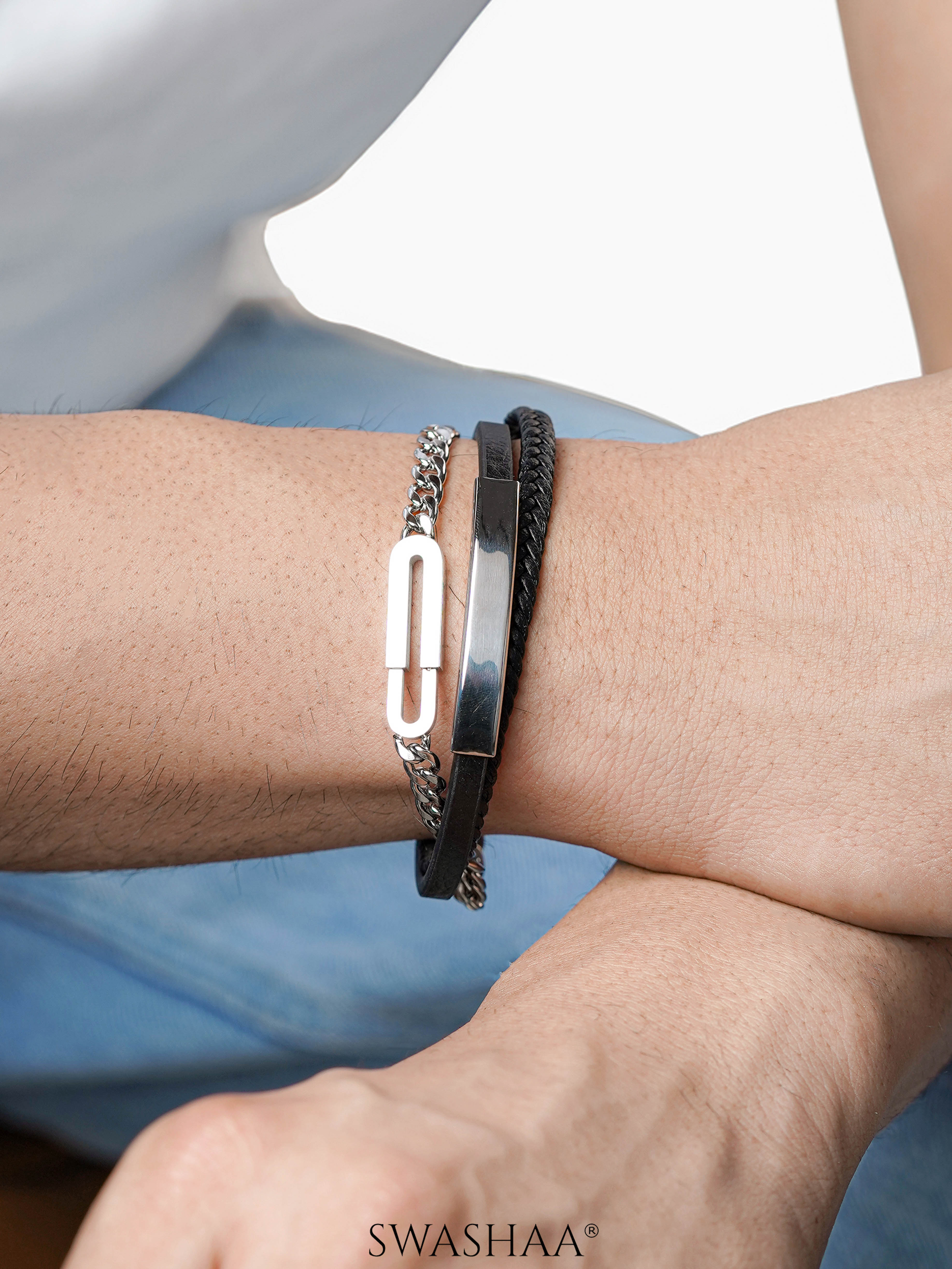 David Braided Black Bands Chunky Silver Chain Links Layered Men's Leather Bracelet