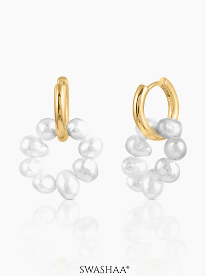 Davina White Pearls Circle Drop 18K Gold Plated Hoop Earrings