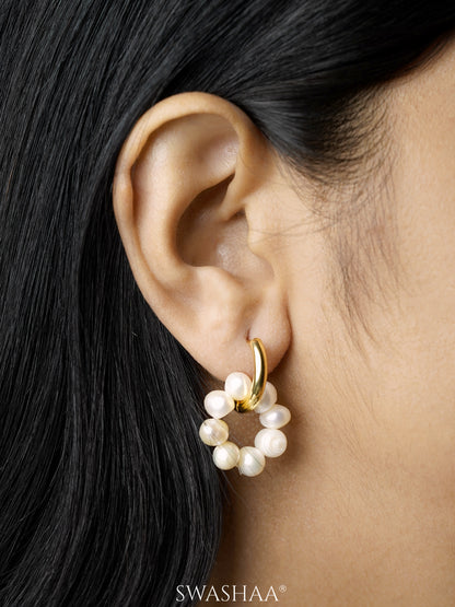 Davina White Pearls Circle Drop 18K Gold Plated Hoop Earrings