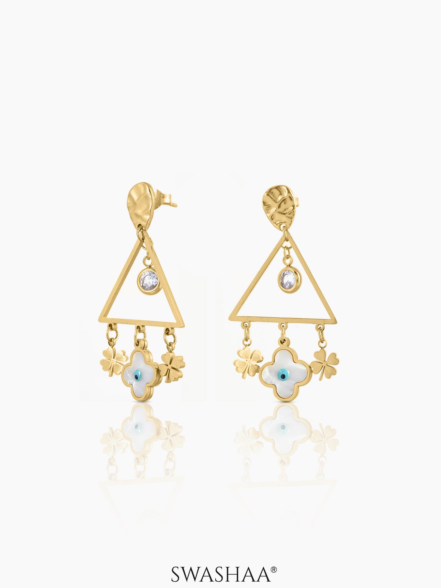 Dazzle Evil Eye Leaf Charms Geometric Dangling Clover 18K Gold Plated Dangling Earrings