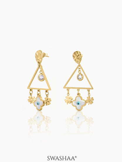 Dazzle Evil Eye Leaf Charms Geometric Dangling Clover 18K Gold Plated Dangling Earrings