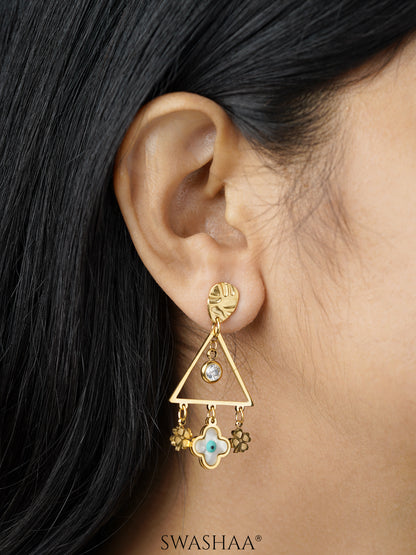 Dazzle Evil Eye Leaf Charms Geometric Dangling Clover 18K Gold Plated Dangling Earrings