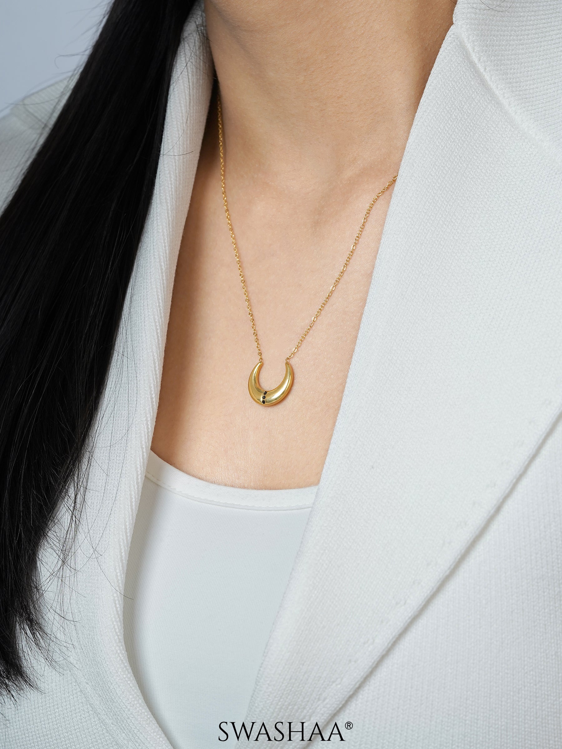 Delfina Crescent Moon Charm 18K Gold Plated Chain Pednant Necklace