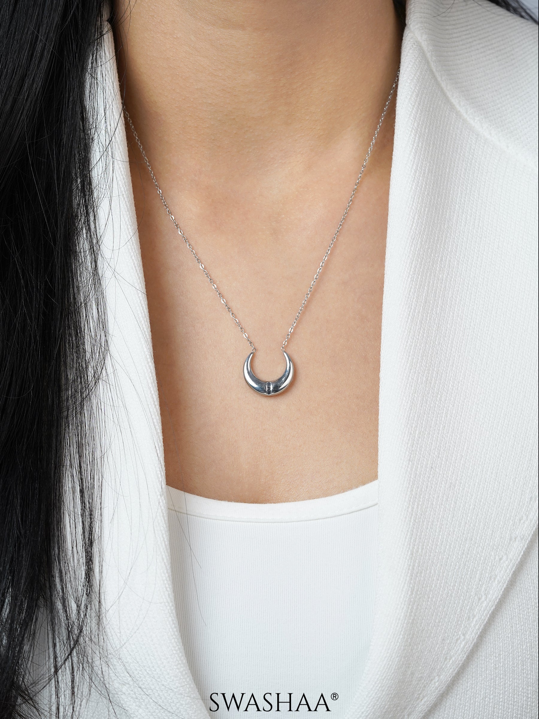 Delfina Crescent Moon Charm Silver Chain Pednant Necklace
