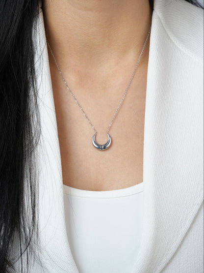 Delfina Crescent Moon Charm Silver Chain Pednant Necklace