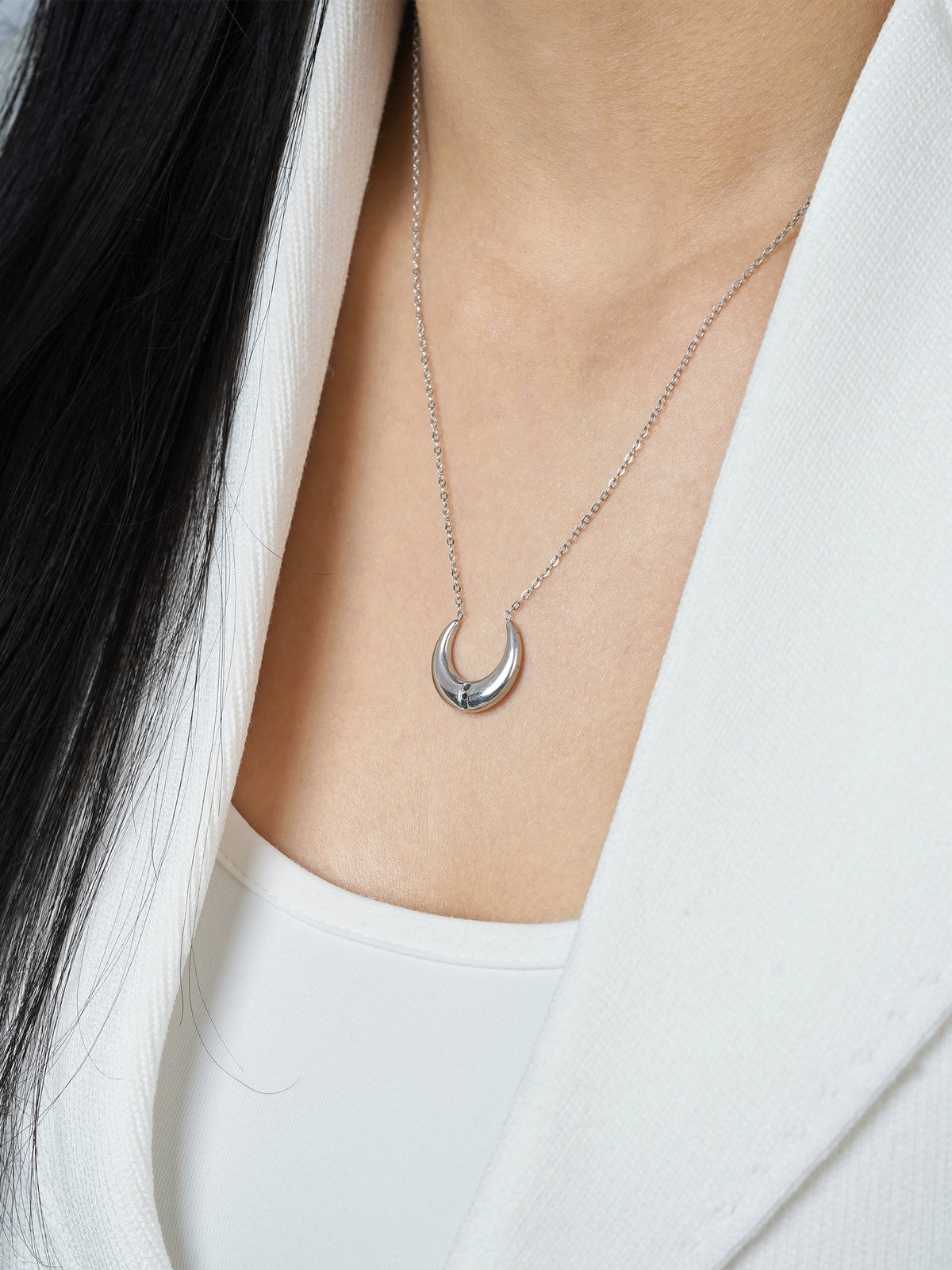 Delfina Crescent Moon Charm Silver Chain Pednant Necklace