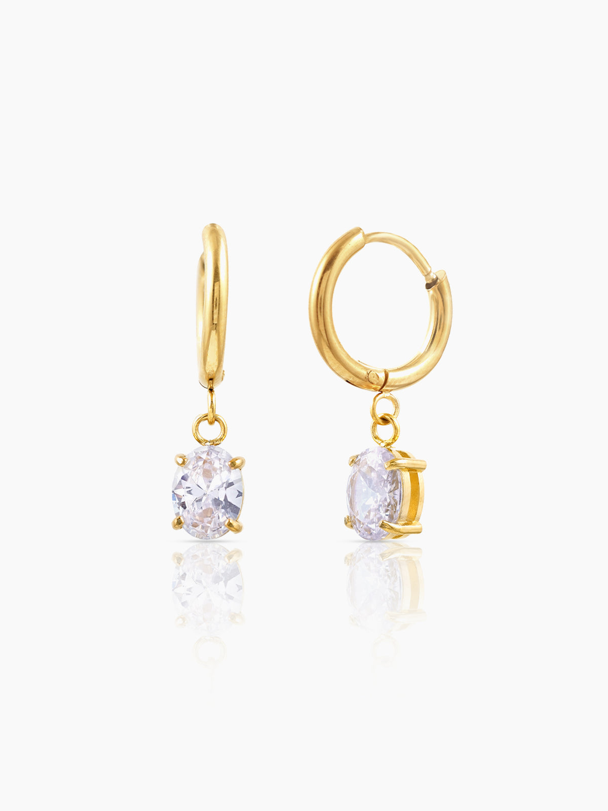 Denali Oval Cut Solitaire Drop Stone 18K Gold Plated Hoop Dangling Earrings