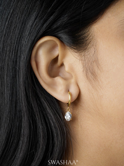 Denali Oval Cut Solitaire Drop Stone 18K Gold Plated Hoop Dangling Earrings