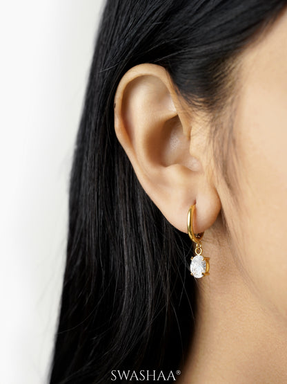 Denali Oval Cut Solitaire Drop Stone 18K Gold Plated Hoop Dangling Earrings
