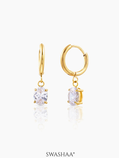 Denali Oval Cut Solitaire Drop Stone 18K Gold Plated Hoop Dangling Earrings