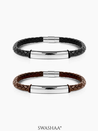 Dexter Braided Black Silver Bar Men's Leather Bracelet