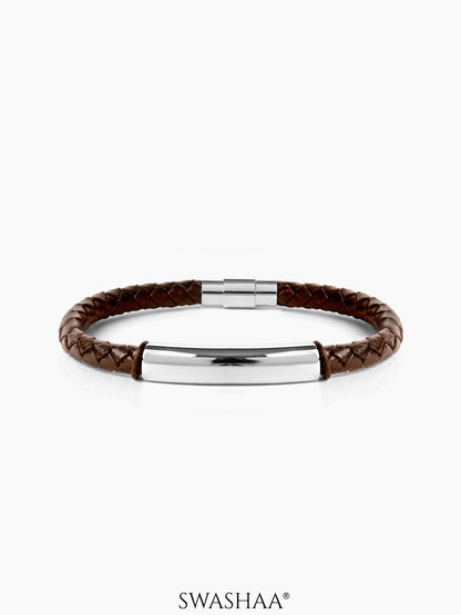 Dexter Braided Brown Silver Bar Men's Leather Bracelet