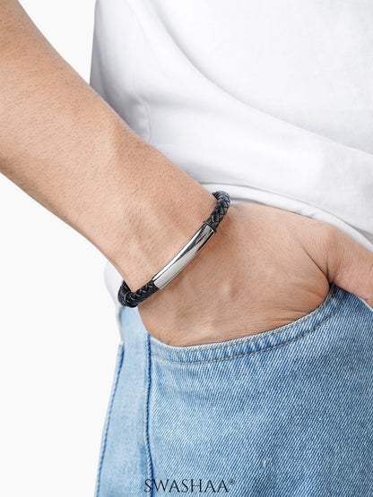 Dexter Braided Black Silver Bar Men's Leather Bracelet