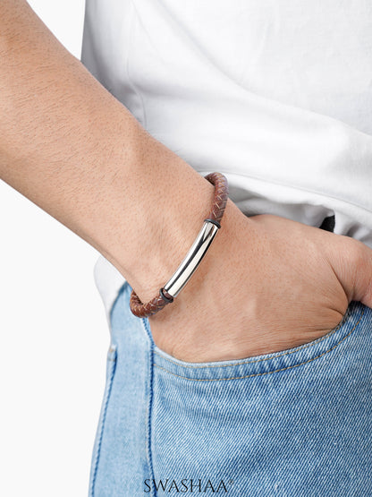 Dexter Braided Brown Silver Bar Men's Leather Bracelet