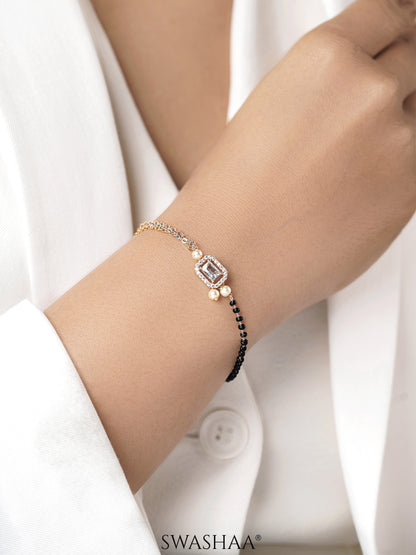 Dharana Diamond Two tone Solitaire Pearl Black Beads Rosegold Plated Mangalsutra Bracelet