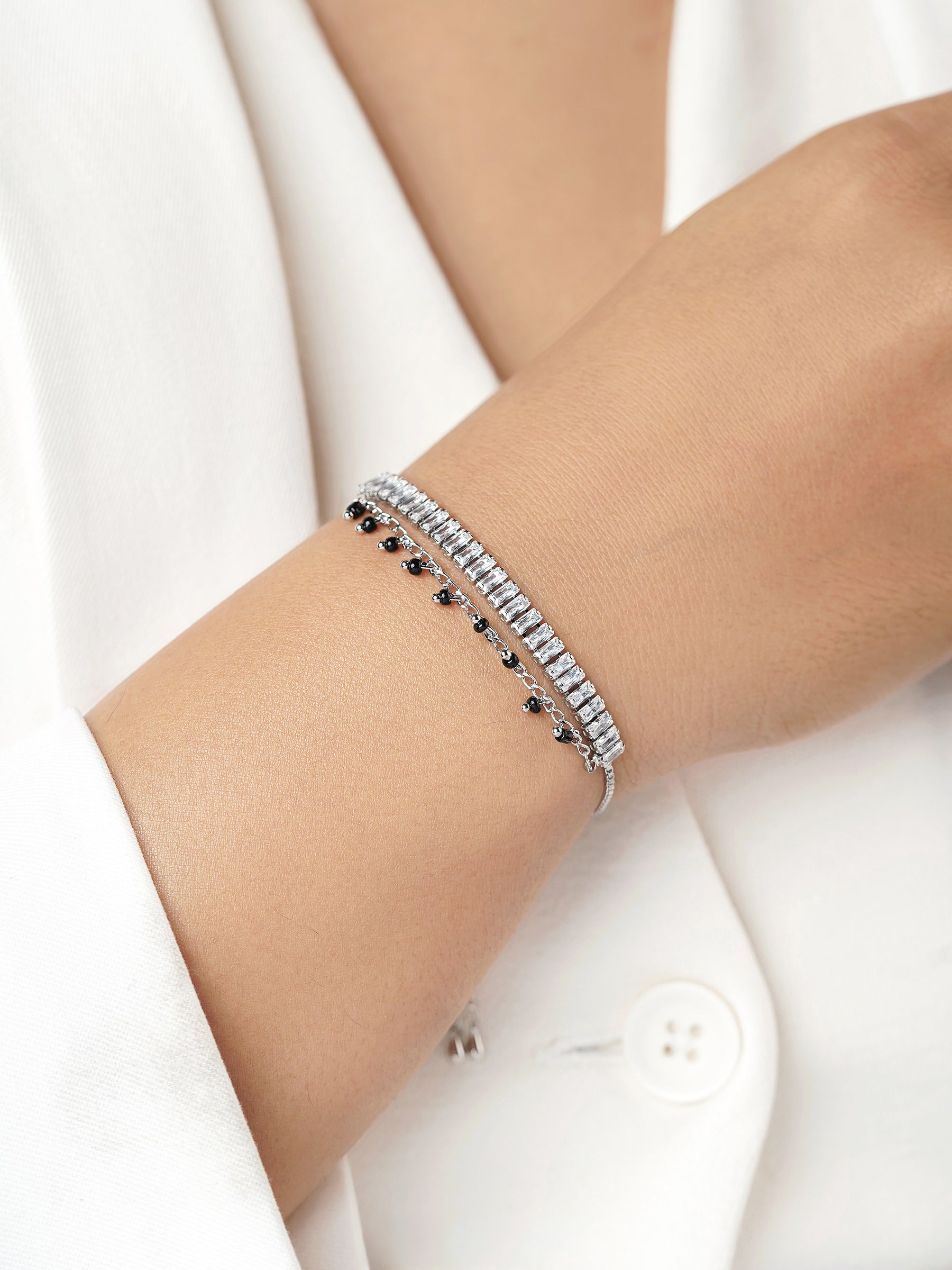 Dia Baguette Stone Silver Mangalsutra Bracelet