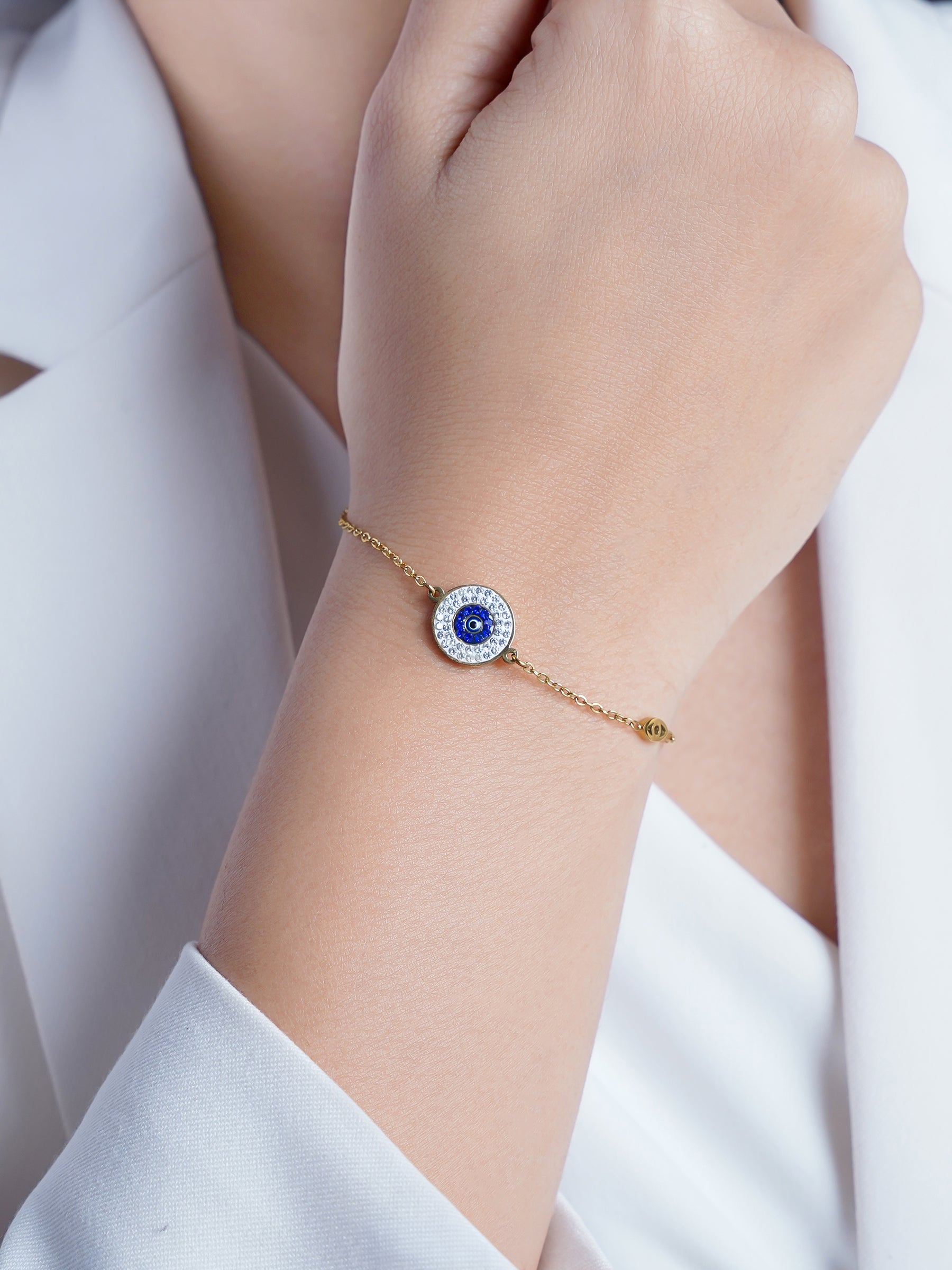 Diamond Crystal Blue Evil Eye Charm Chain Bracelet