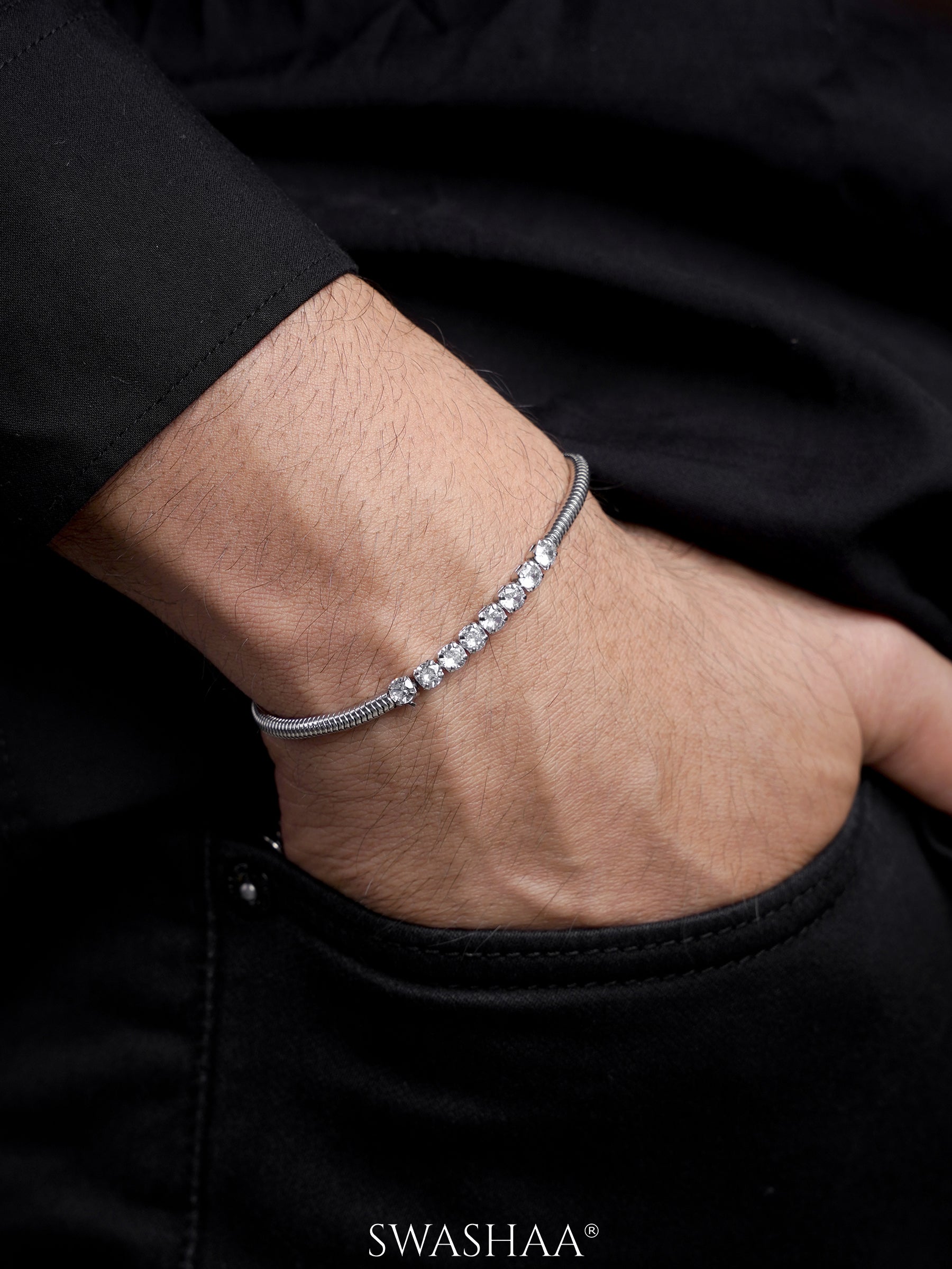 Diamond Round Rope Chain Silver Men's Bracelet