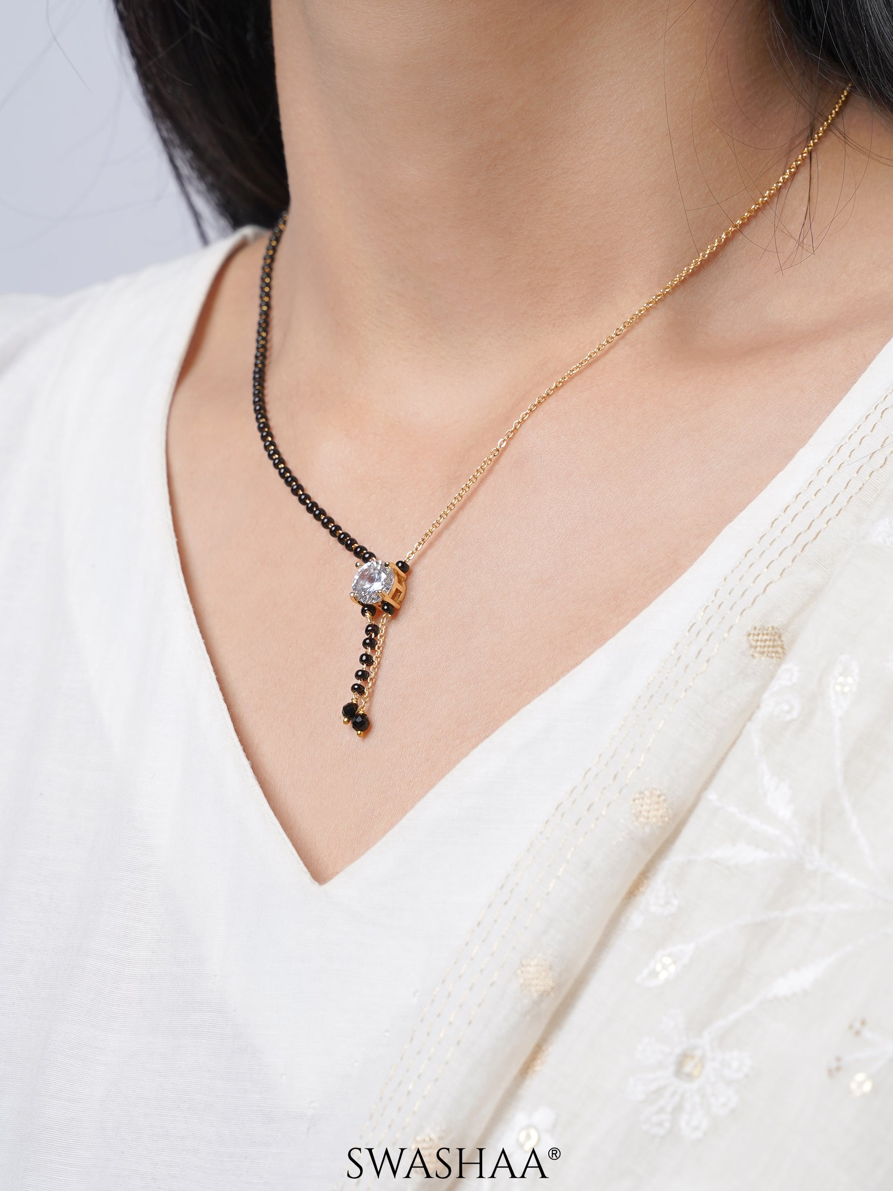 Diantha Diamond 18K Gold Plated Solitaire Y Shape Pendant Mangalsutra