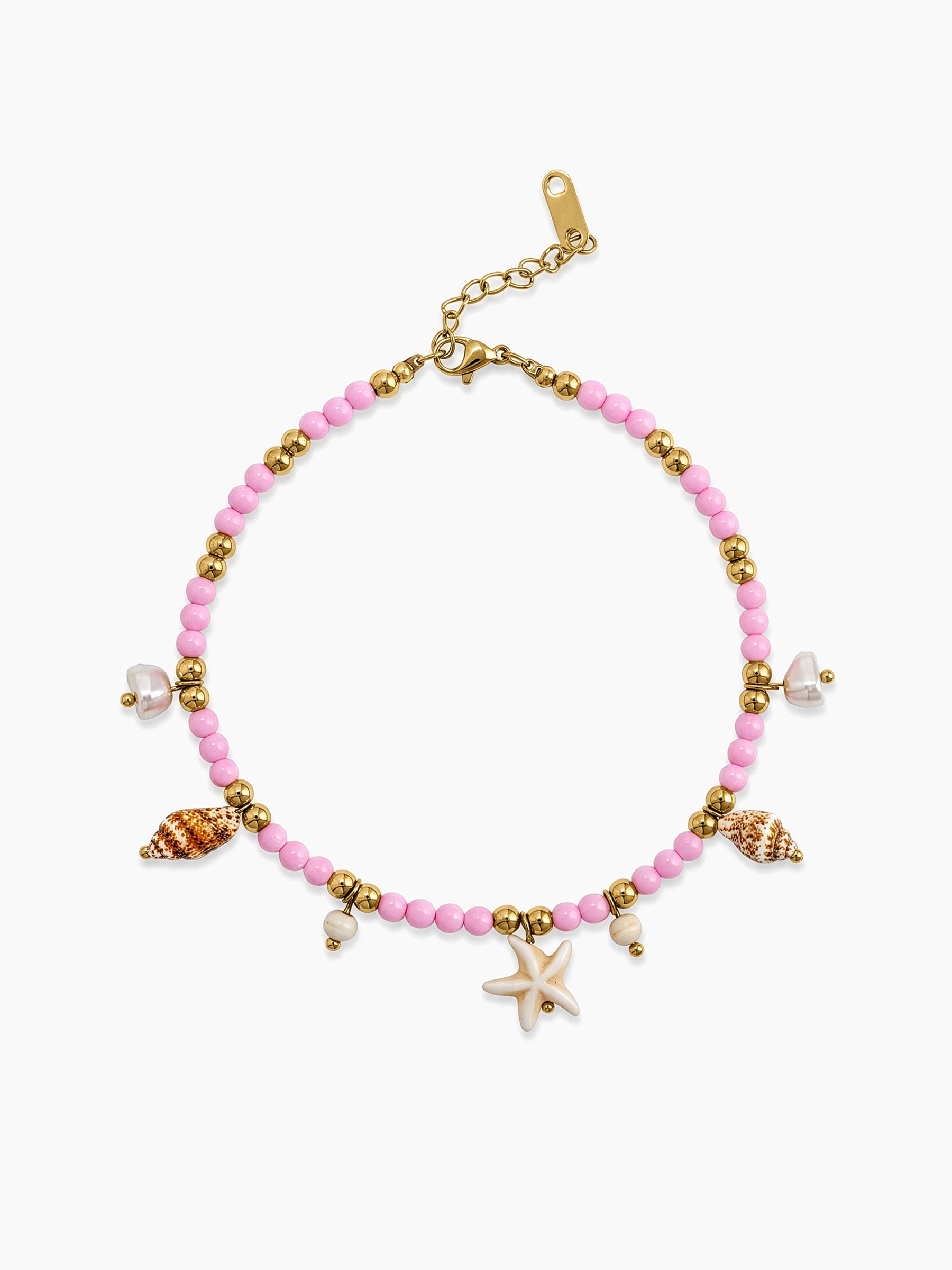 Diorra Sea Shell, Starfish, Pearl, Charm Pink - 18K Gold Plated Women's Beaded Anklet
