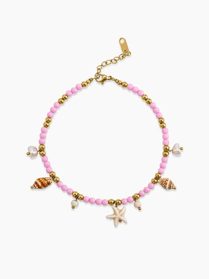 Diorra Sea Shell, Starfish, Pearl, Charm Pink - 18K Gold Plated Women's Beaded Anklet