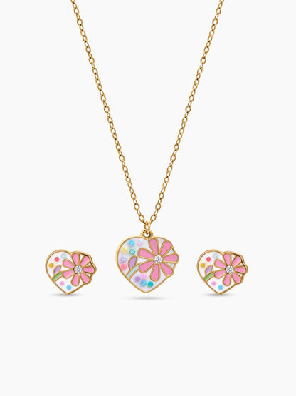 Dolly Flower Bloom Heart 18K Gold Plated Kid's Jewelry Set Of 2 - Necklace& Earrings