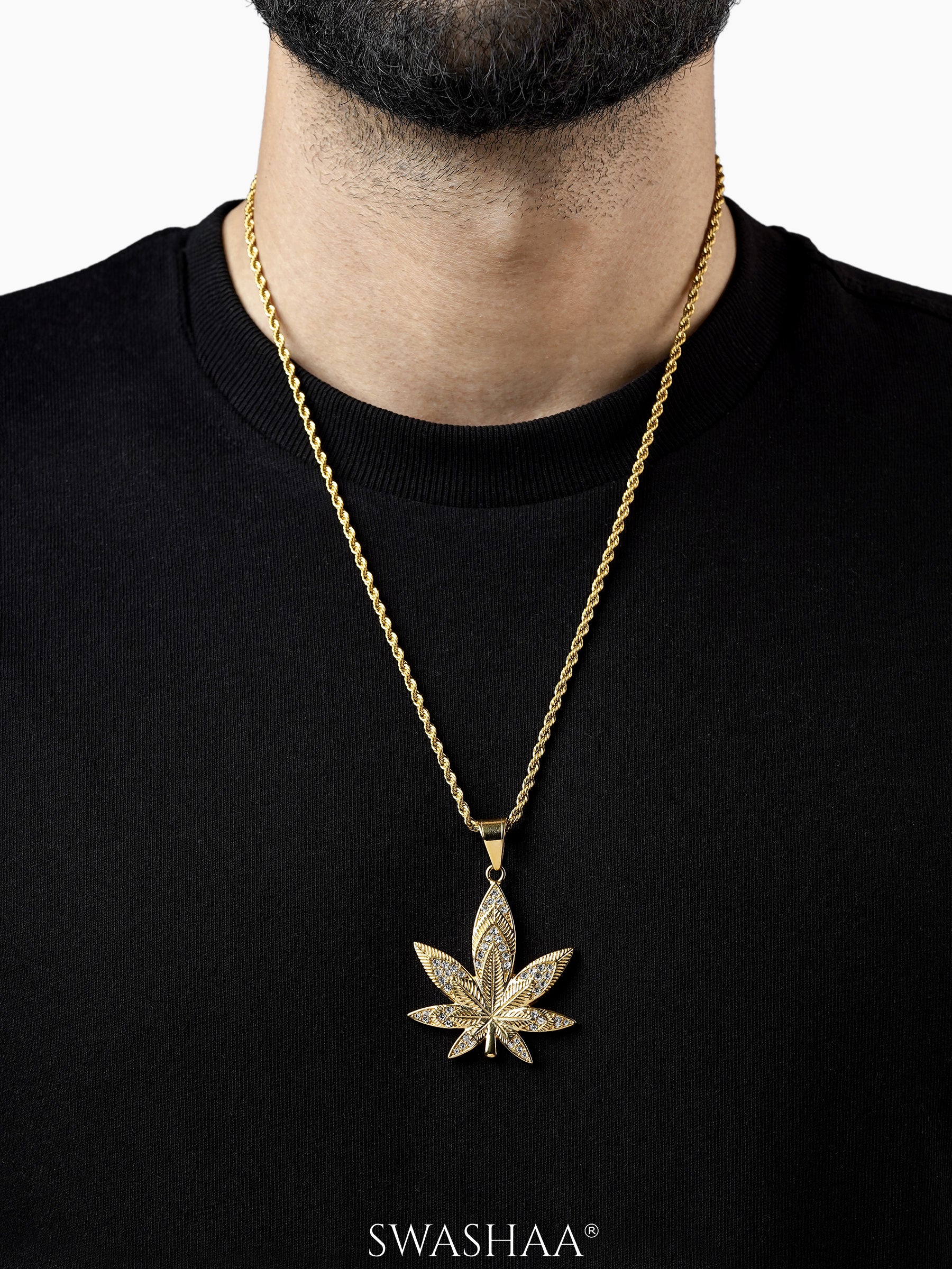 Dope Leaf Sparkling Diamonds 18K Gold Plated Men's Chain Pendant