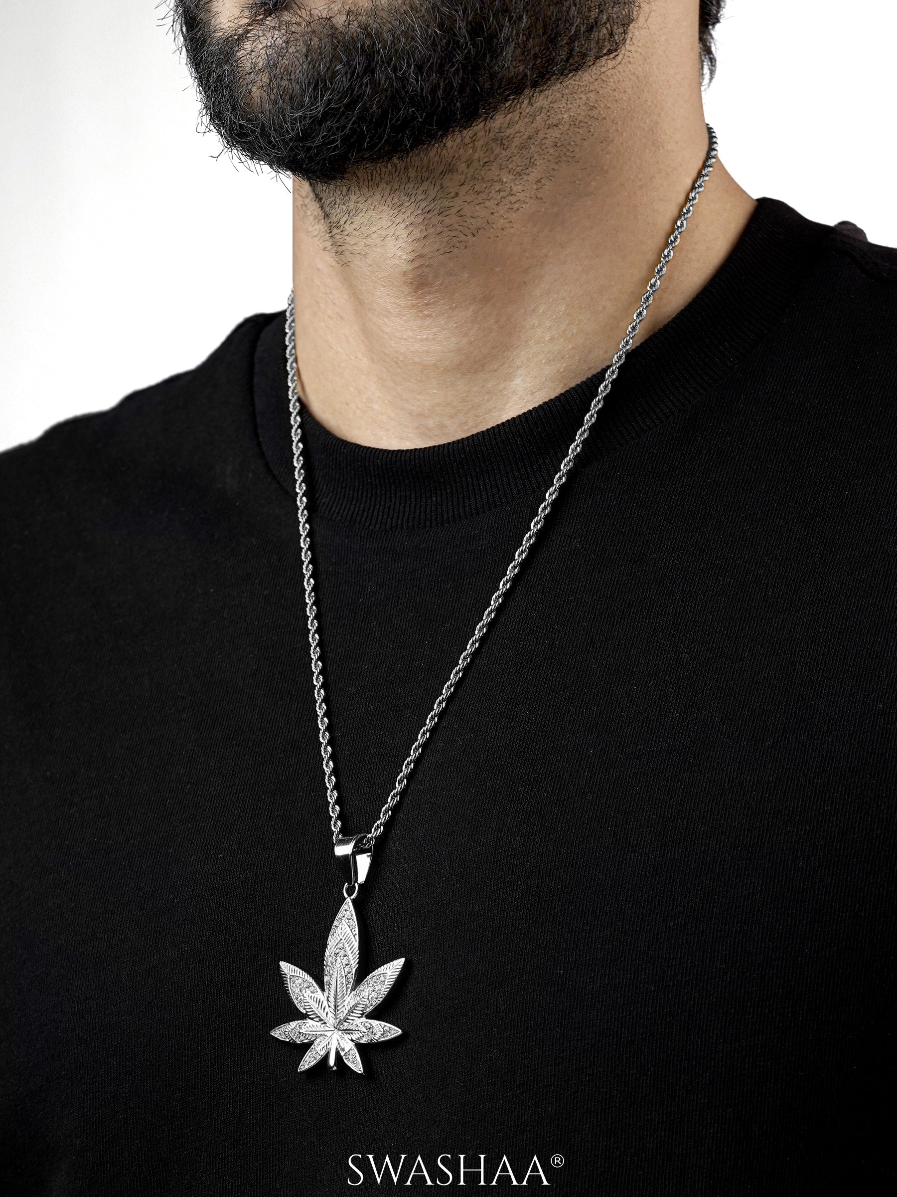 Dope Leaf Sparkling Diamonds Silver Men's Chain Pendant