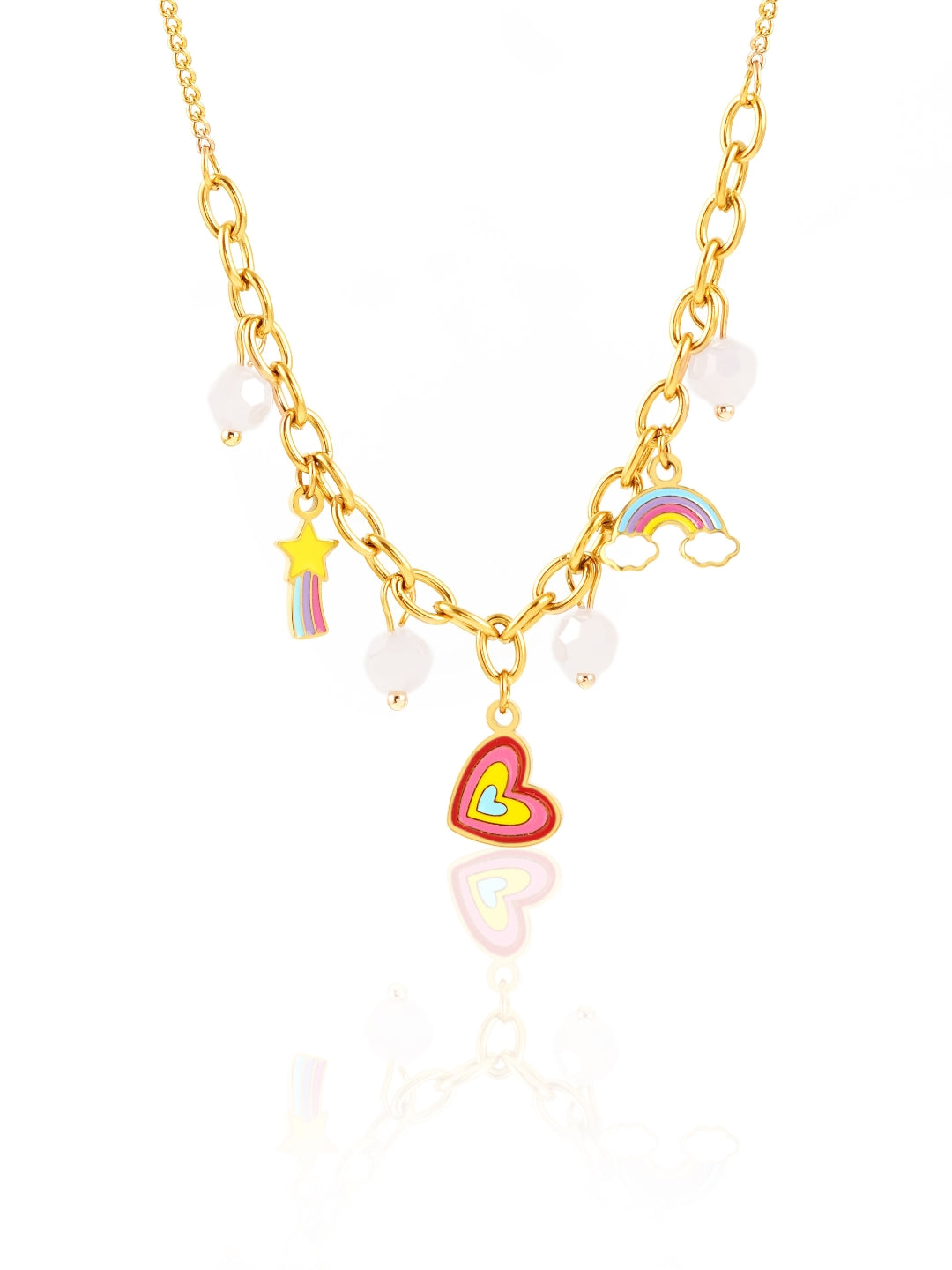 Dora Rainbow Star Heart Pearl Rainbow Charms Kid's Jewelry Set Of 3 - Necklace, Bracelet & Studs Earrings