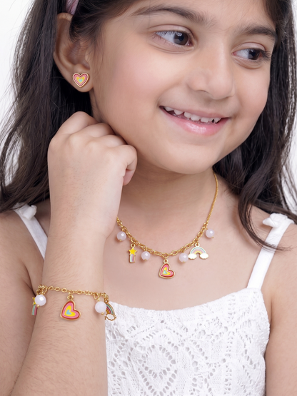Dora Rainbow Star Heart Pearl Rainbow Charms Kid's Jewelry Set Of 3 - Necklace, Bracelet & Studs Earrings