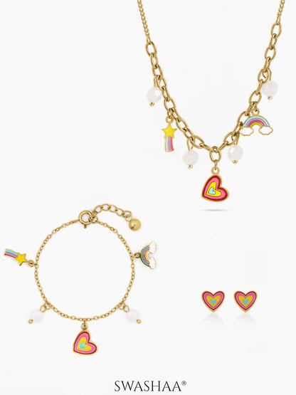 Dora Rainbow Star Heart Pearl Charms Kid's Jewelry Set Of 3 - Necklace, Bracelet & Earrings