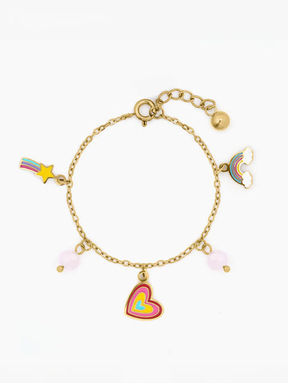 Dora Heart Rainbow Star Pearl Charms 18K Gold Plated Kid's Chain Bracelets