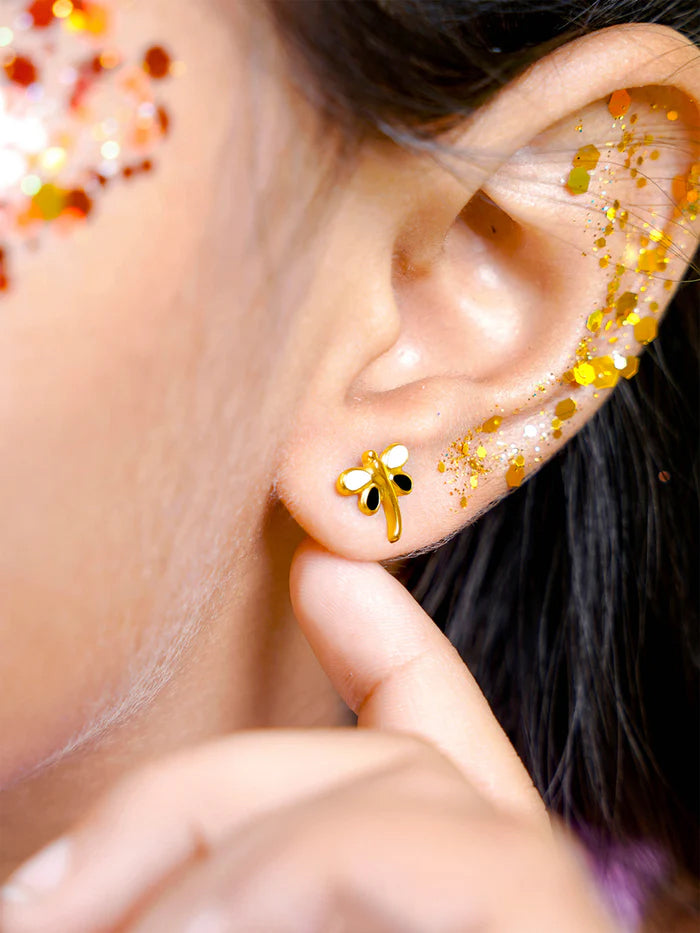 Dragonfly White - Black Charm 18K Gold Plated Kid's Stud Earrings