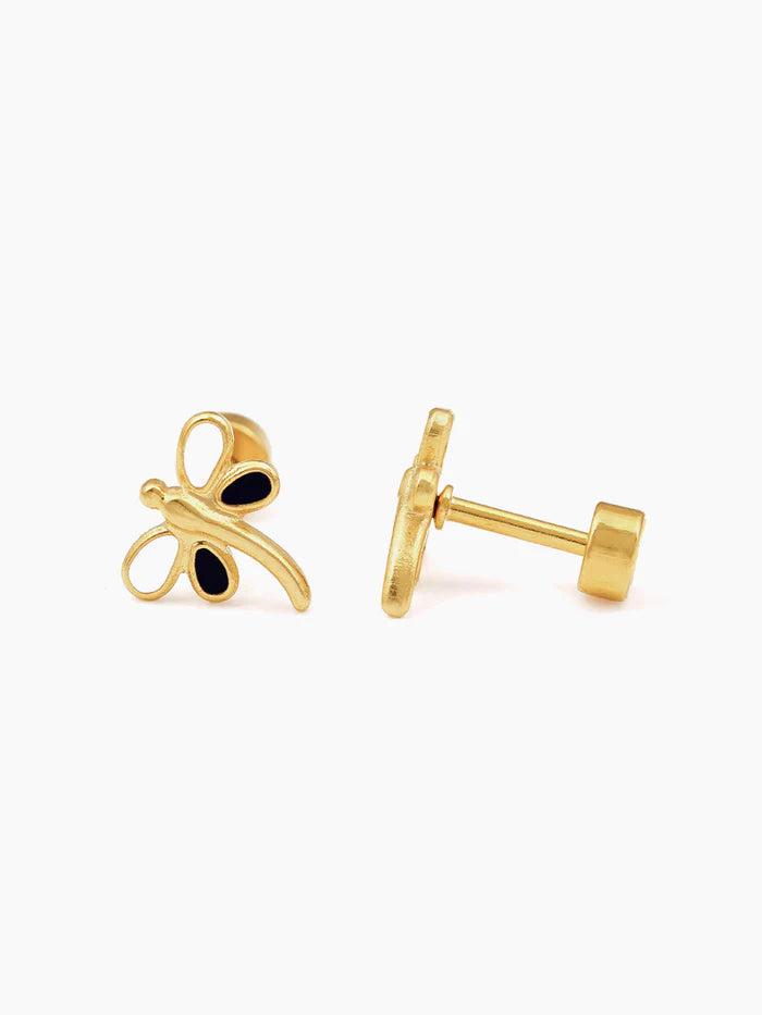 Dragonfly White - Black Charm 18K Gold Plated Kid's Stud Earrings