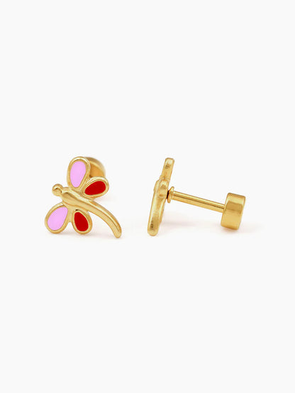 Dragonfly Pink - Red Charm 18K Gold Plated Kid's Stud Earrings