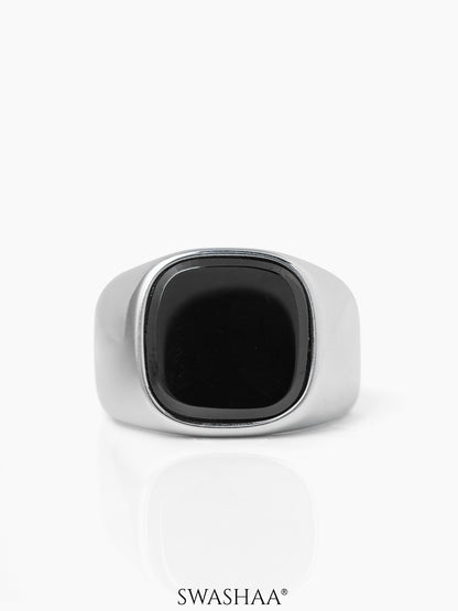 Drax Square Black Silver Signet Men's Ring