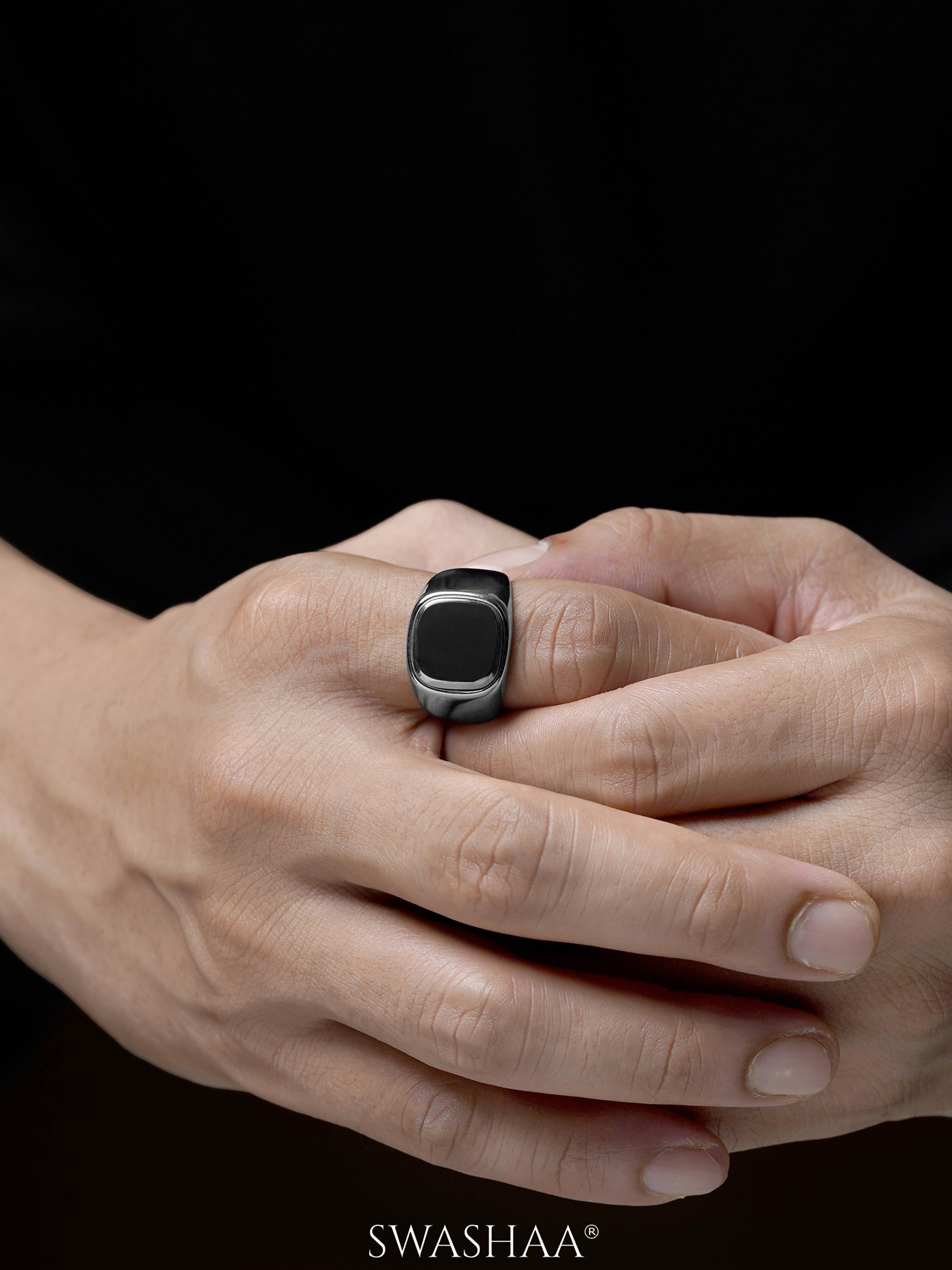 Drax Square Black Silver Signet Men's Ring