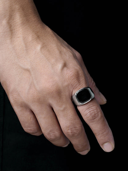 Drax Square Black Silver Signet Men's Ring