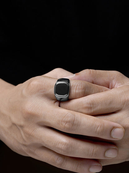 Drax Square Black Silver Signet Men's Ring