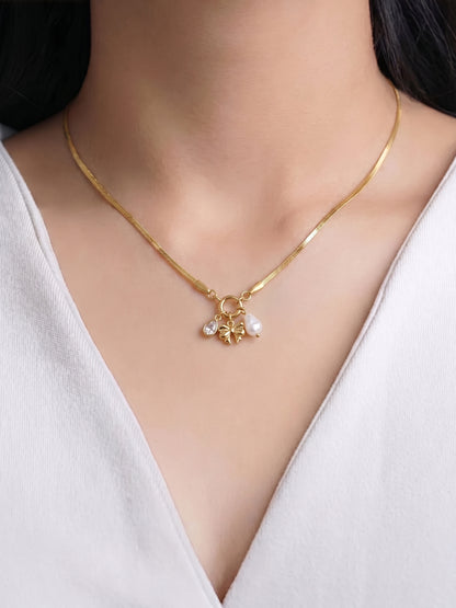 Dreamscape Bow & Pearl Charms
 Snake Chain 18K Gold Plated Women's Necklace