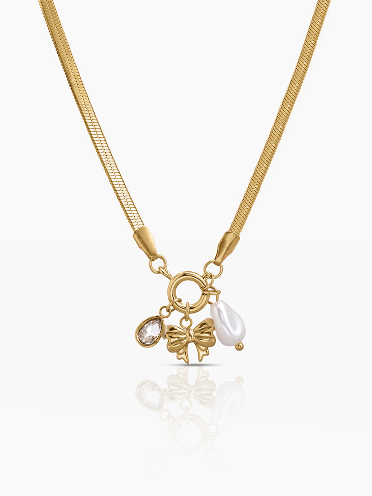 Dreamscape Bow & Pearl Charms Snake Chain 18K Gold Plated Women's Necklace