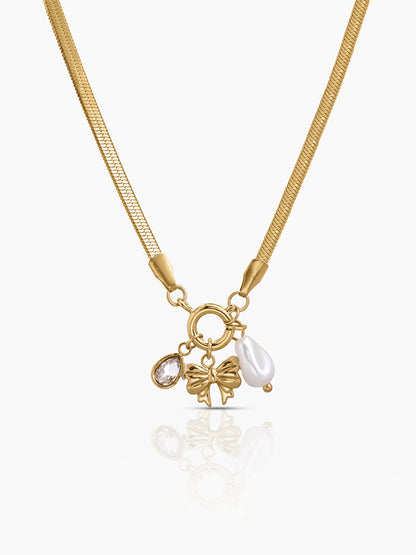 Dreamscape Bow & Pearl Charms Snake Chain 18K Gold Plated Women's Necklace